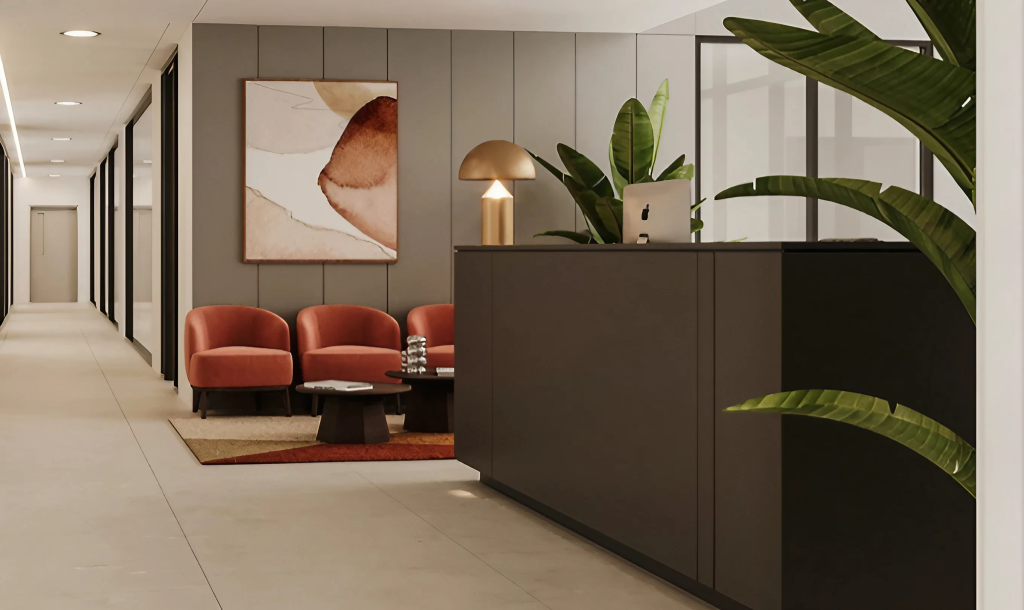 a modern office lobby with a reception desk red armchairs a coffee table a large abstract painting and several potted plants - interior design uk
